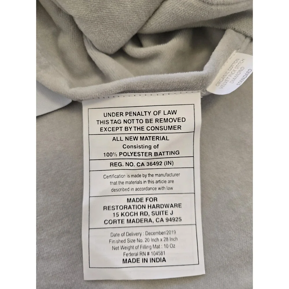 Restoration Hardware Organic Cotton Velvet Diamond Sham Grey Standard Size